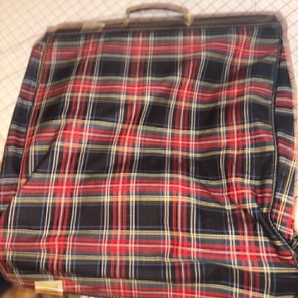 Vintage Tartan Plaid Hanging Suit Garment Bag - Leather Handle Original Hardware - Picture 3 of 12